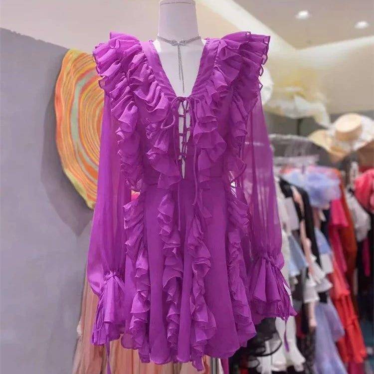 Tossy V-Neck Lace-Up Ruffled Mini Dress For Women Summer Mesh Bandage High Waist Fashion Party Dress Gown Female Mini Dress 2024 PURPLE