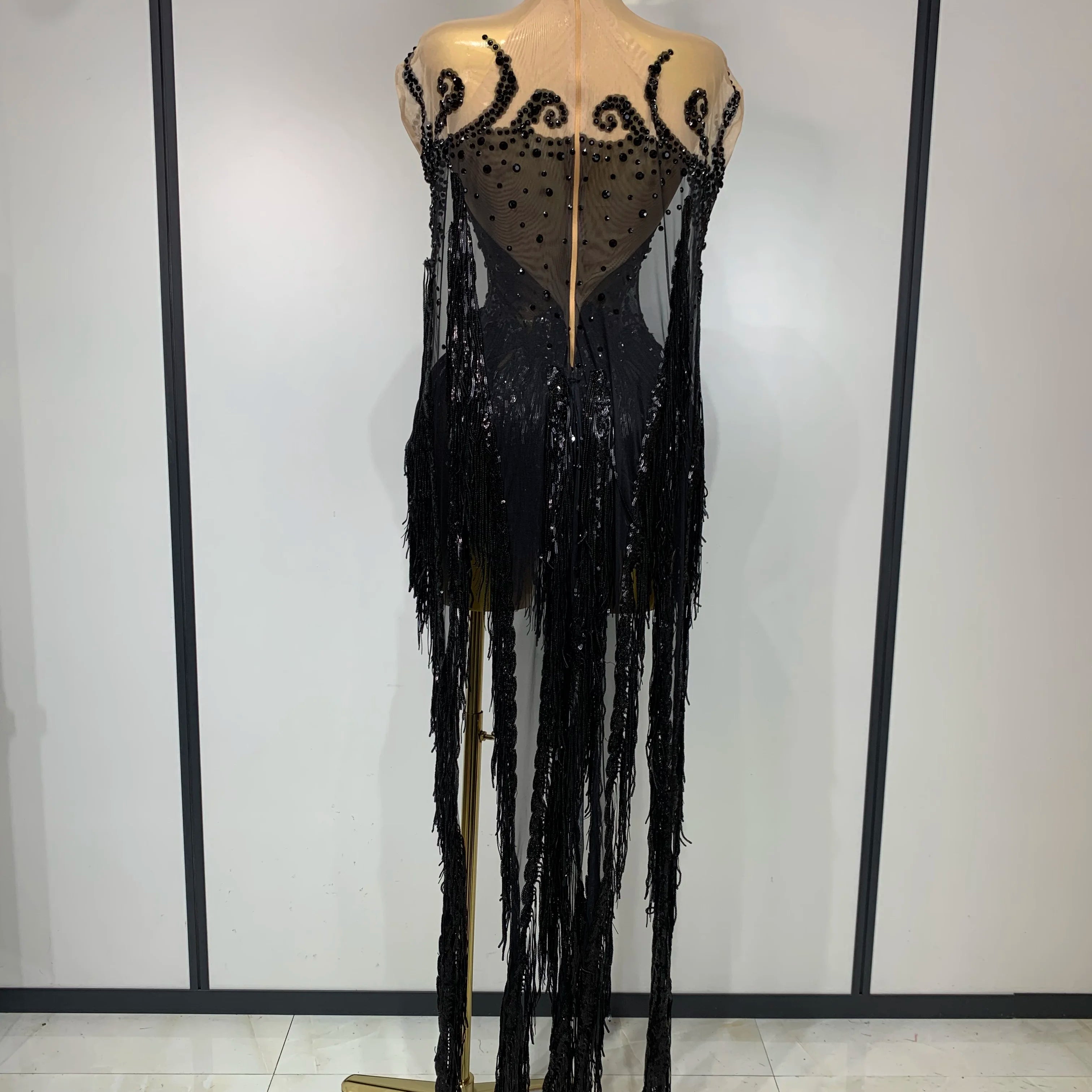 Sexy Sparkly Rhinestone Sequins Tassel Mesh Transparent Dress Women Evening Birthday Party Nightclub Dance Singer Stage Outfit