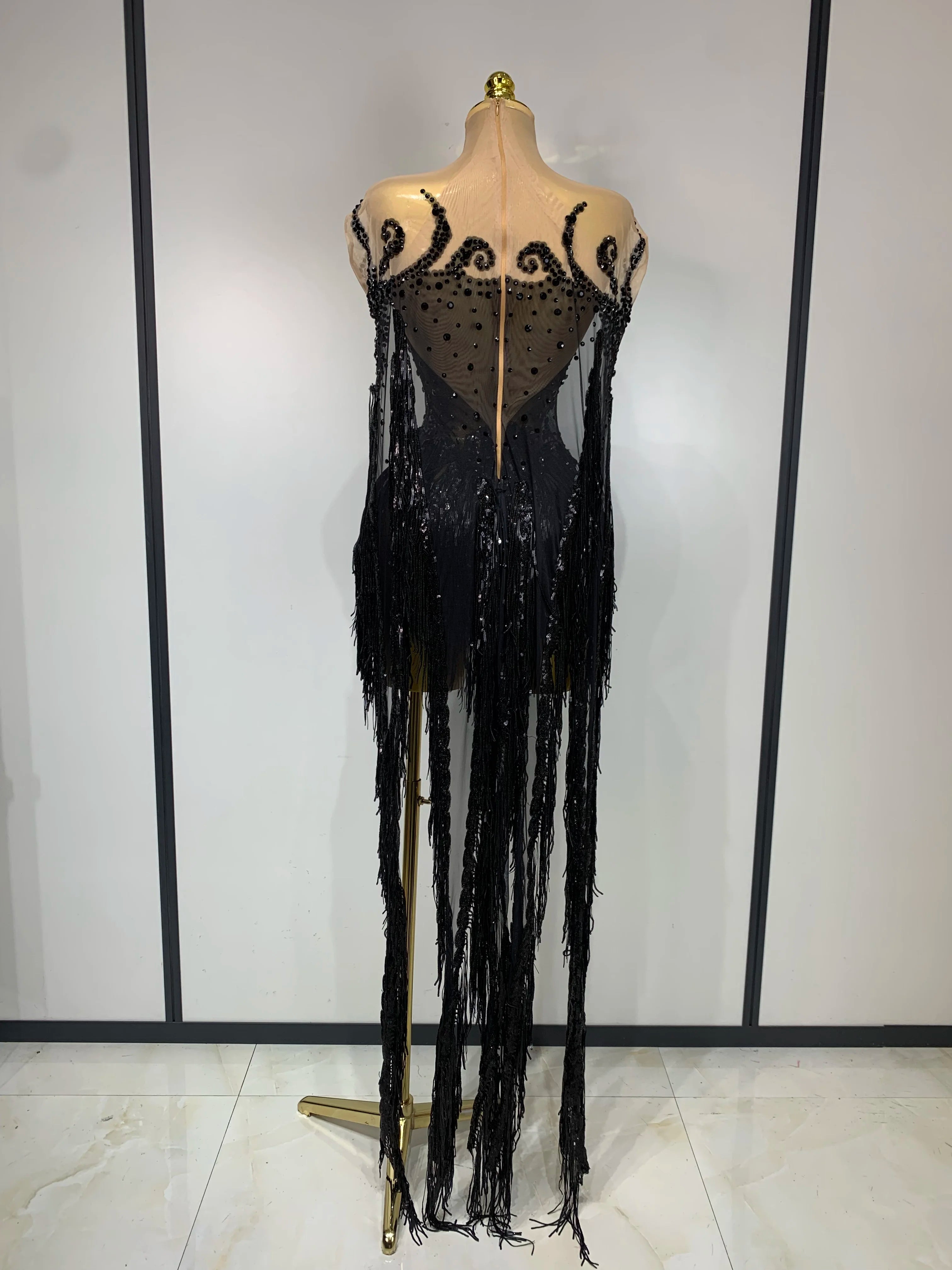 Sexy Sparkly Rhinestone Sequins Tassel Mesh Transparent Dress Women Evening Birthday Party Nightclub Dance Singer Stage Outfit