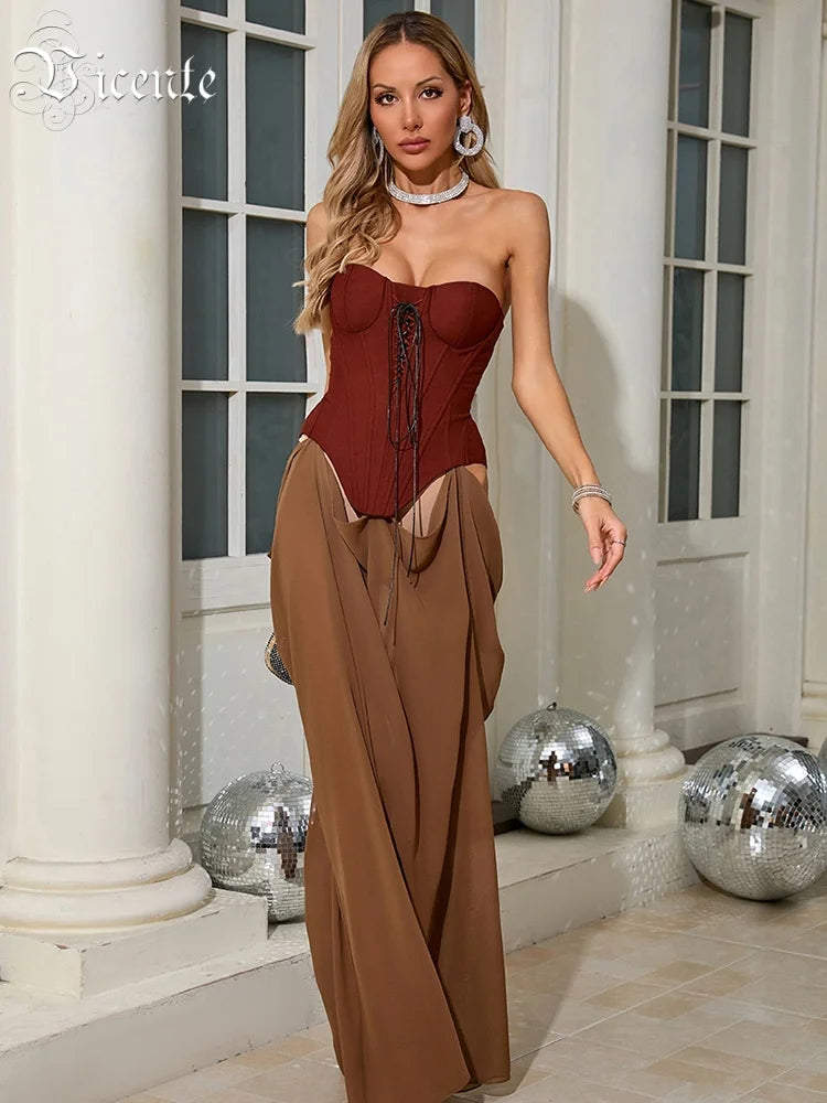Vintage-Inspired Strapless Corset Top & Sheer Dress for Evening Dinners Party Gown