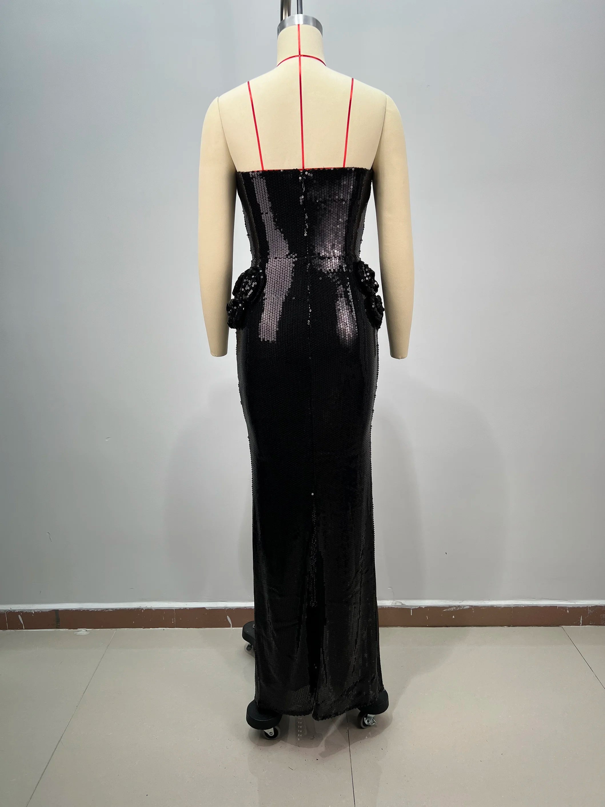 Luxury Haute Couture Sexy V-Neck Black Shining Sequins Floor Length Dress Woman Birthday Party Dress Red Carpet Goddess Vestido