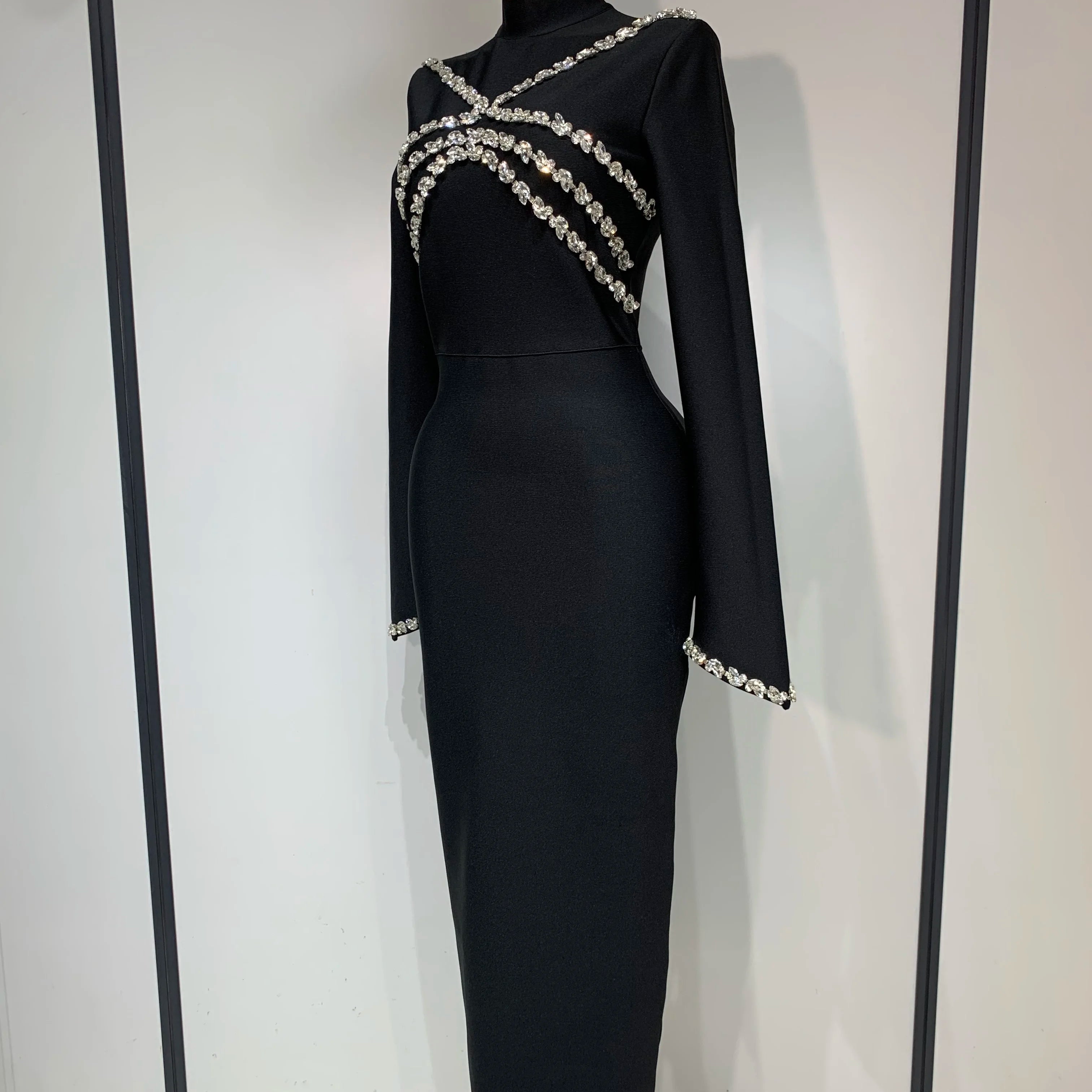Women Long Sleeve Shinning Crystal Bodycon Long Bandage Dress Celebirty Elegant Evening Party Luxury Birthday Dress