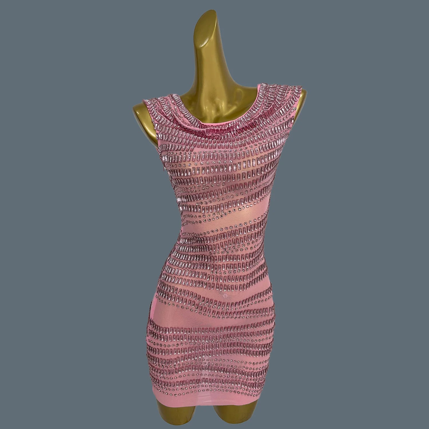 Women Sparkly Crystals Short Dress Sexy Mesh See Through Birthday Party Event Dress Show Stage Wear Performance Costume Yizijian Pink