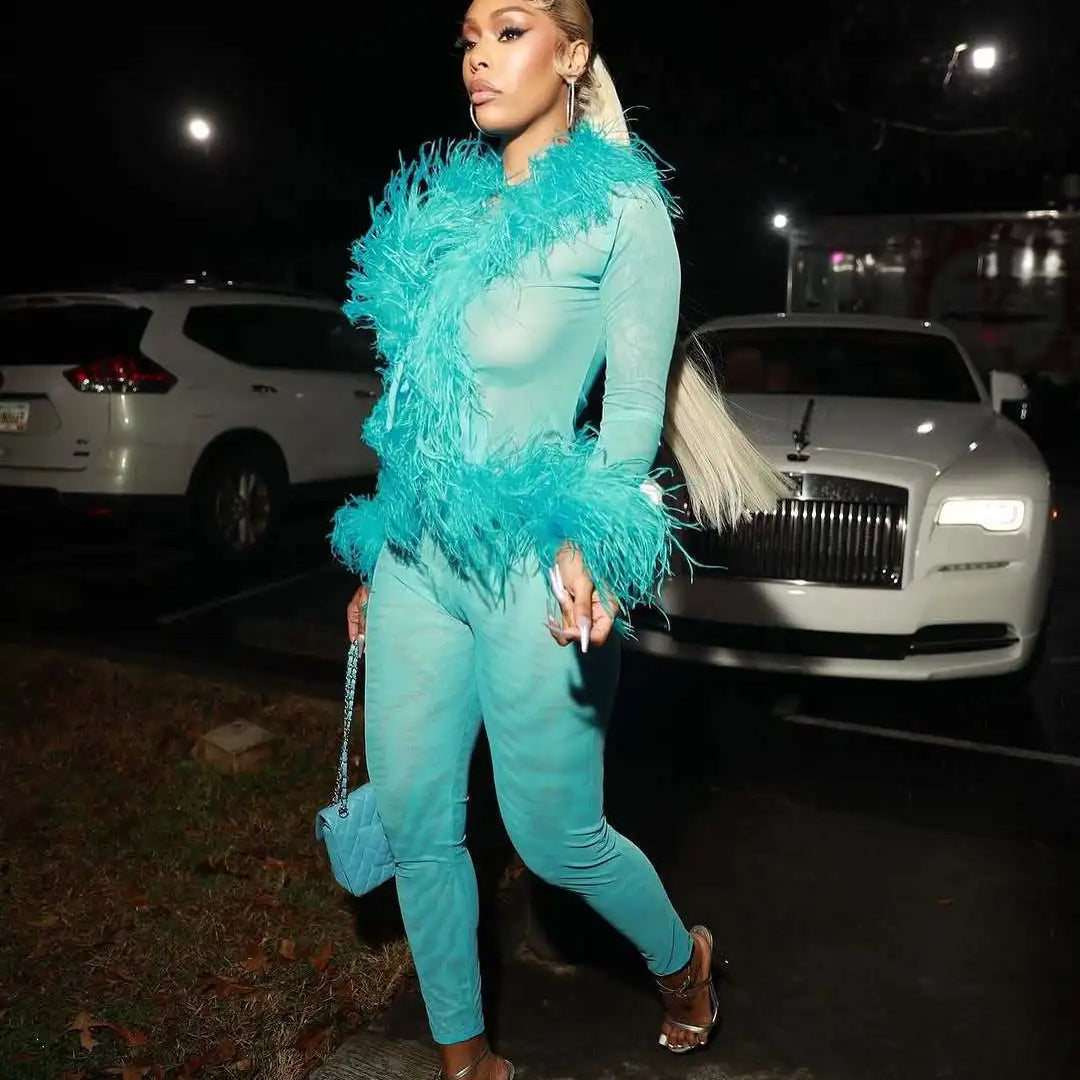 Fashion Mesh See Though Women's Set Feather Side Long Sleeve Crop Top and Legging Pants 2025 Sexy Two 2Piece Sets Outfit