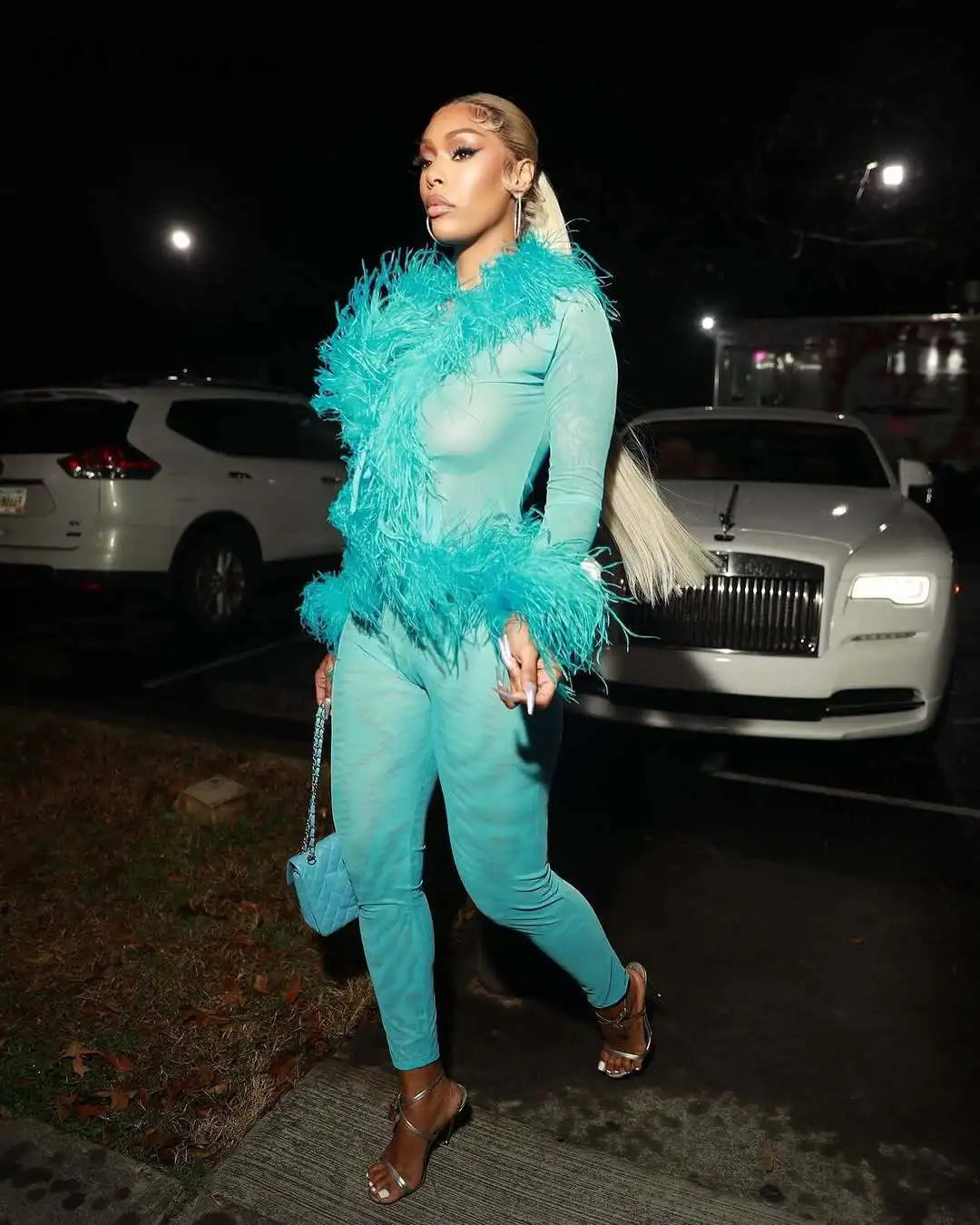 Fashion Mesh See Though Women's Set Feather Side Long Sleeve Crop Top and Legging Pants 2025 Sexy Two 2Piece Sets Outfit