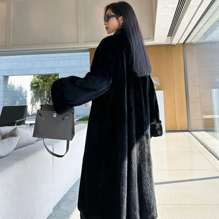 Lautaro Autumn Winter Long Luxury Elegant Chic Soft Thick Warm Brown Hairy Faux Mink Fur Coat Women V Neck Fluffy Overcoat 2024