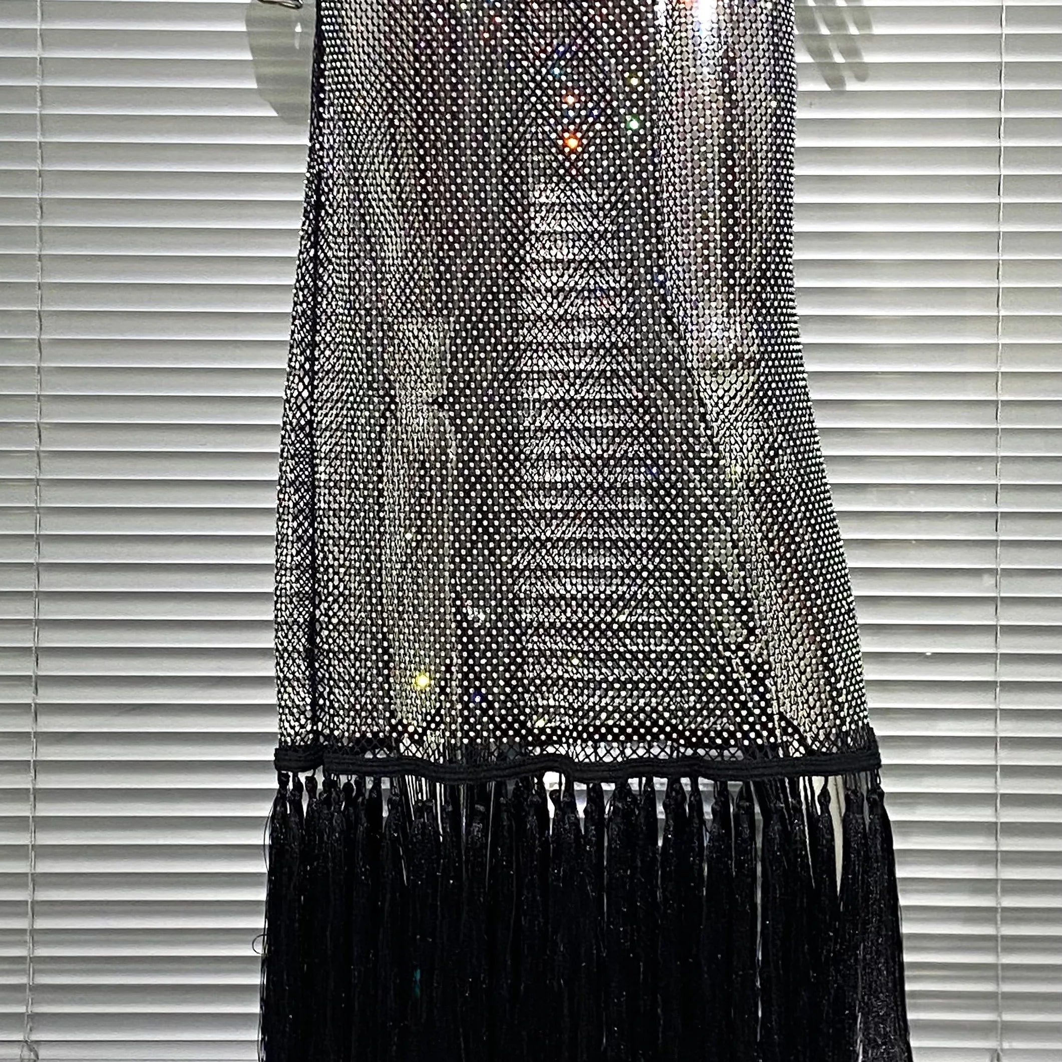 Shining Diamond See Through Mesh Tassels Black Bandage Ankle Length Dress Fashion Woman Party Dress Birthday Party Outfit