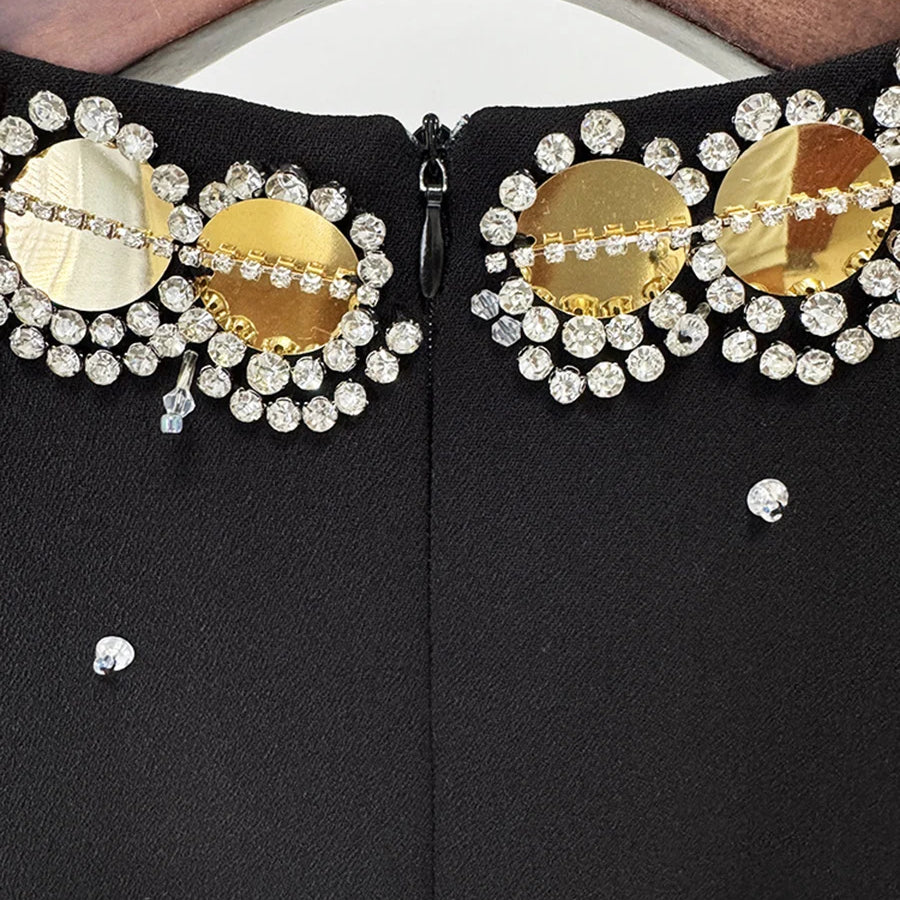 Hit Color Spliced Bead Luxurious Dresses for Women Round Neck Long Sleeve Patchwork Wave Point Elegant Dress Female