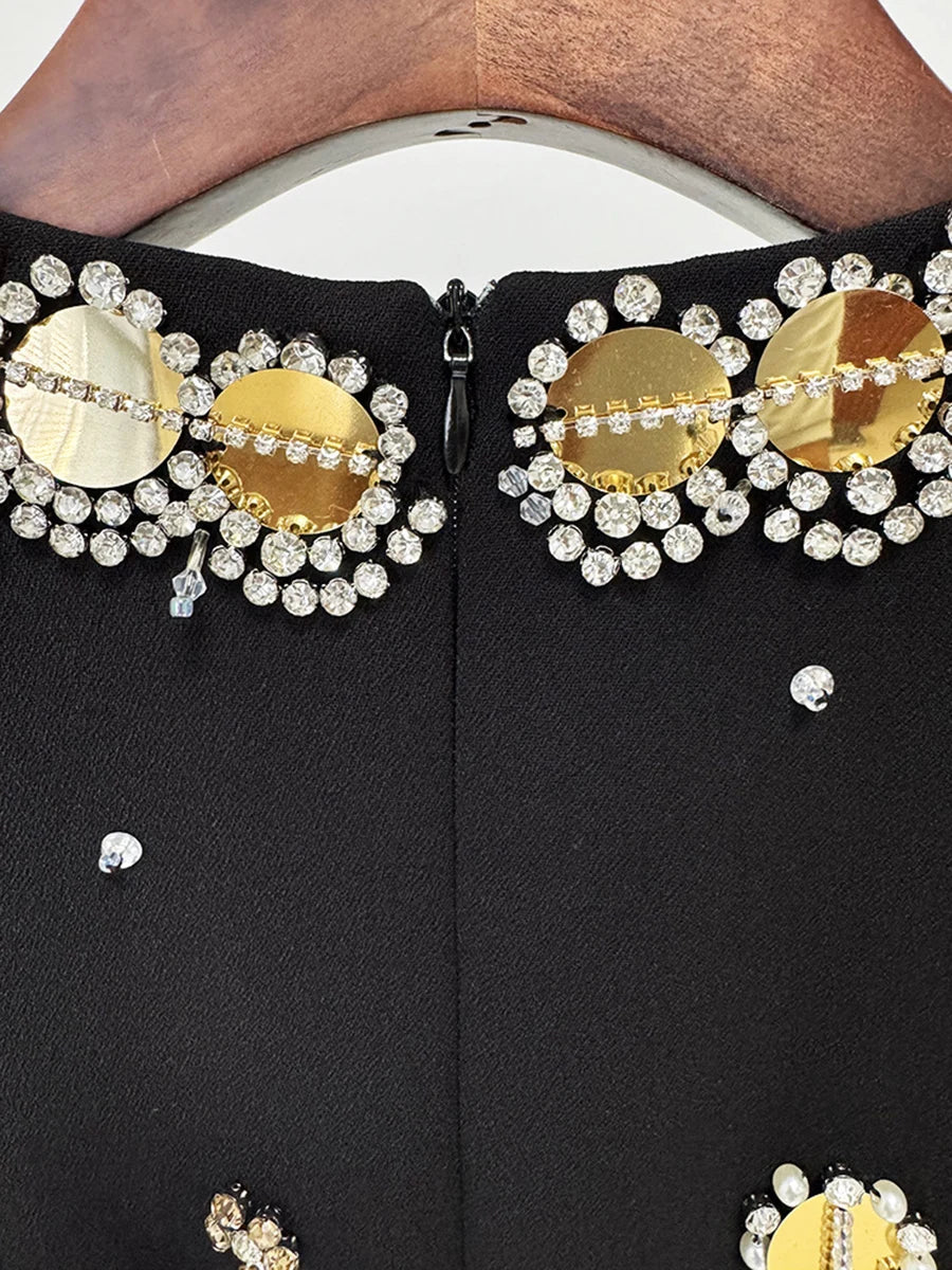 Hit Color Spliced Bead Luxurious Dresses for Women Round Neck Long Sleeve Patchwork Wave Point Elegant Dress Female