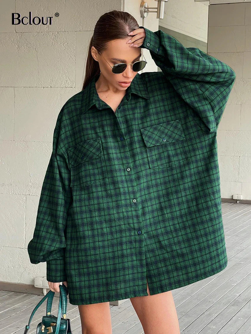 Bclout Casual Green Plaids Loose Blouses For Women 2022 Winter Vintage Long Sleeve Party Shirts Flannel Elegant Office Lady Tops Green