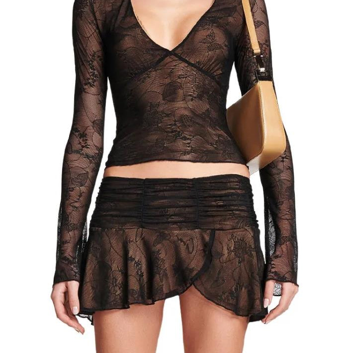 Y2K 2 Piece Mini Skirt Sets Sexy Mesh Sheer Lace Ruffle Outfits V Neck Beach Suits 2024 Summer Night Clubwear