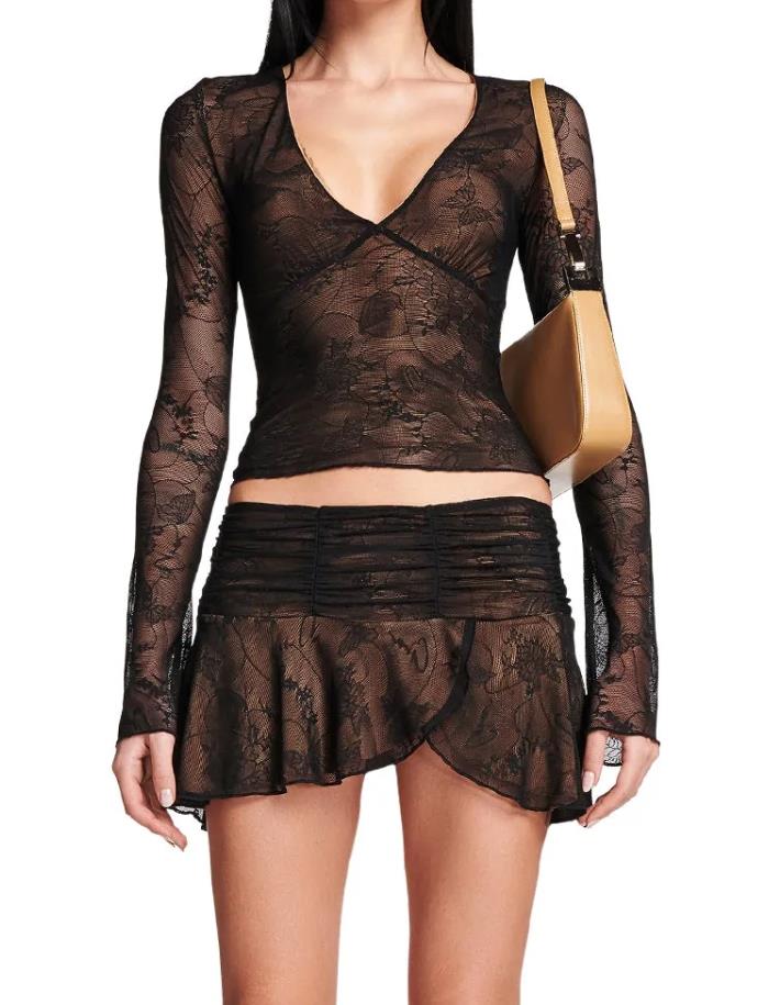 Y2K 2 Piece Mini Skirt Sets Sexy Mesh Sheer Lace Ruffle Outfits V Neck Beach Suits 2024 Summer Night Clubwear