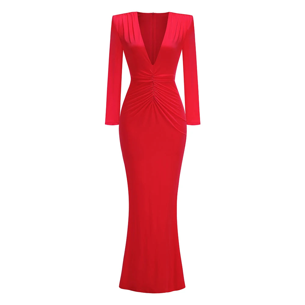 Deep V Plunge Long Dress For Women Folded Long Sleeves Pleated Bodycon Elegant Celebrity Evening Party Cocktail Gowns Vestido Red