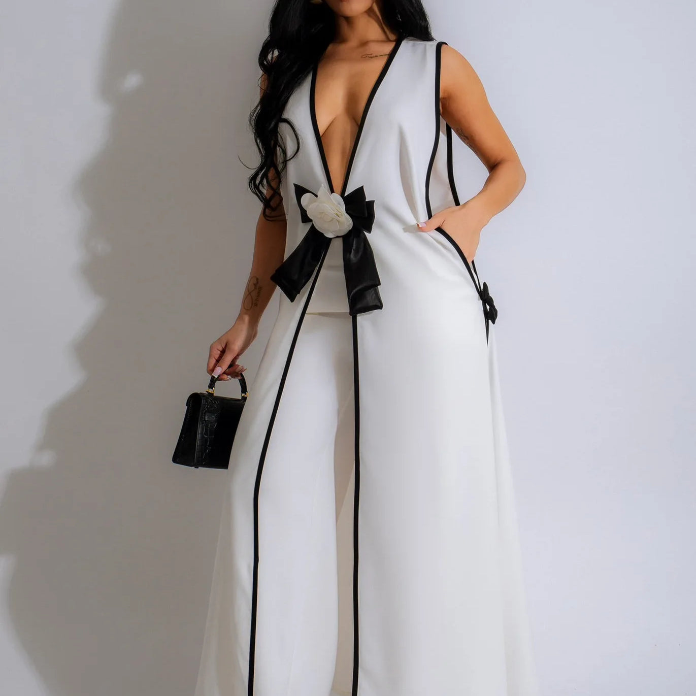 Women Set 3D Flower Sleeveless V-neck X-long Shirt Coats + Wide Leg Pants Two 2 Piece Sets Fashion Outfits 2024 Summer White