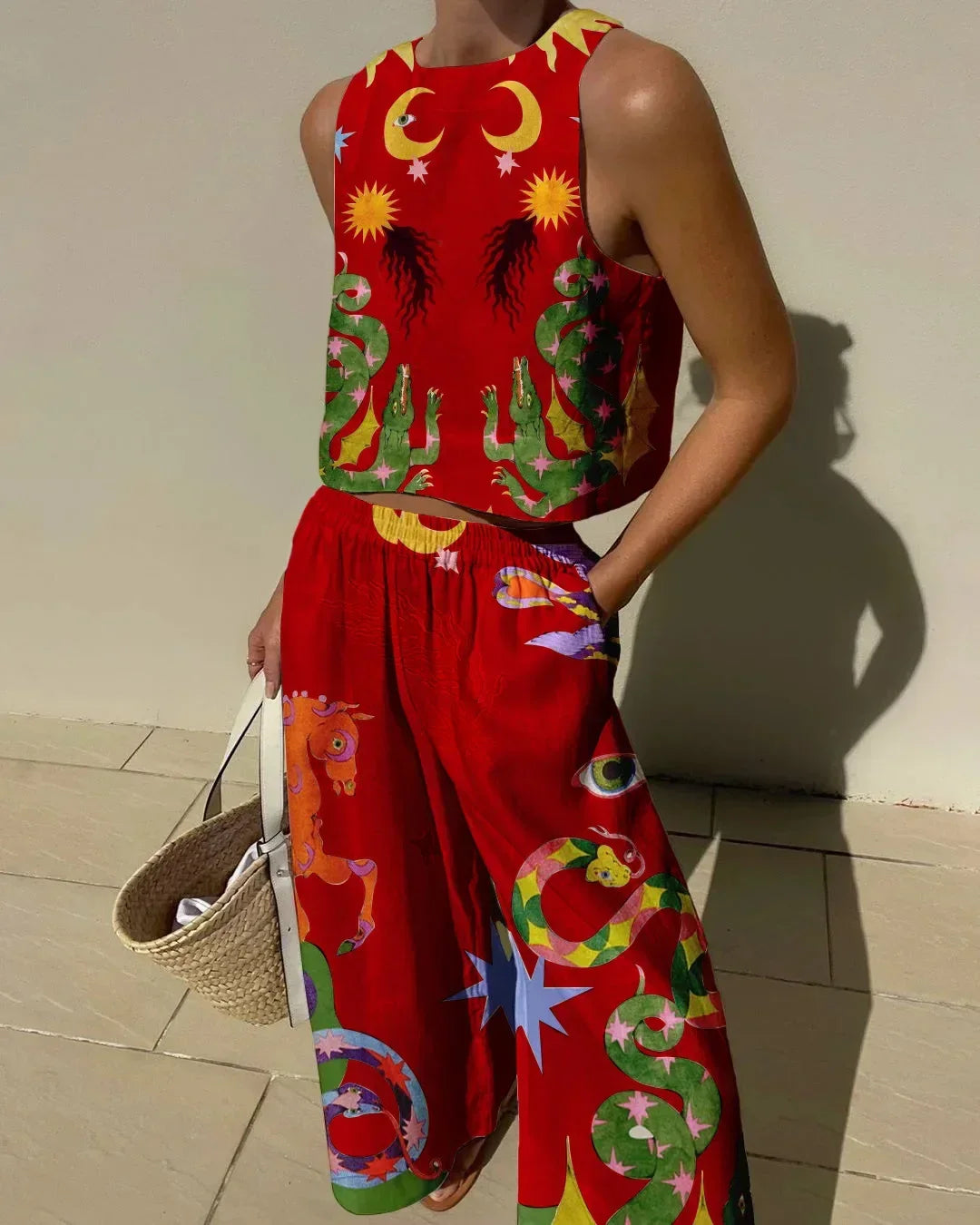 Casual Printed Pant Suits For Women Vintage Crew Neck Sleeveless Vest High Waist Loose Trouser Sets Female Beach Holiday Outfits Red