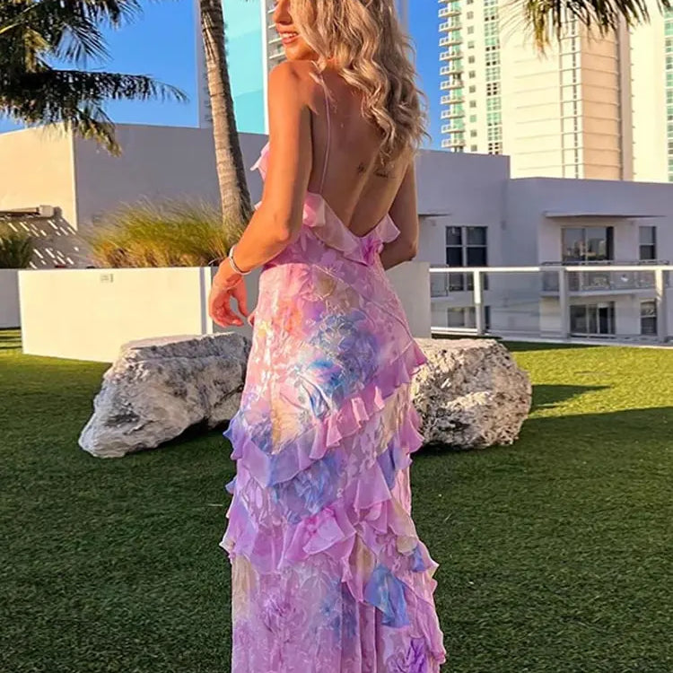 Boho Sexy V Neck Colorful Ruffles Sling Dress Women Backless Sleeveless Floor Length Slim Robe Lady Beach Holiday Vestido