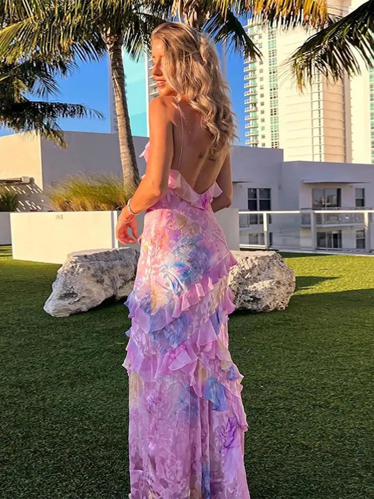 Boho Sexy V Neck Colorful Ruffles Sling Dress Women Backless Sleeveless Floor Length Slim Robe Lady Beach Holiday Vestido