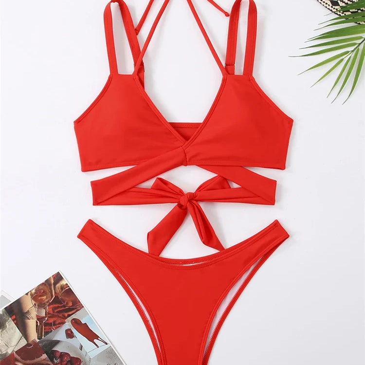 Bikini Women Swimsuit New Solid Sling Lace Up Bikinis Set Sexy Thong Swimwear Summer Two Piece Beach Bathing Suit Female Red