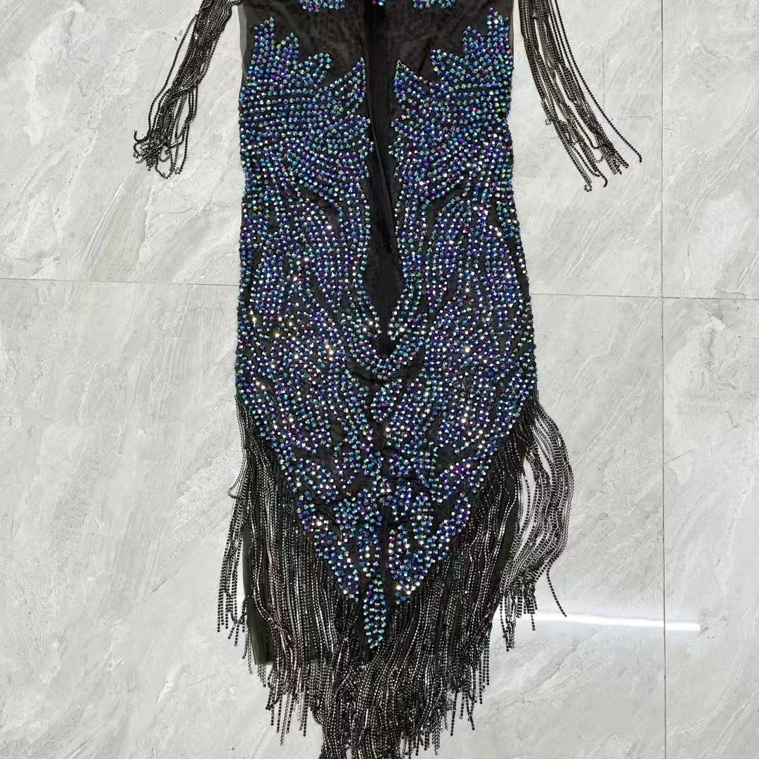 Elegant Women Luxury Dinners Evening Dress Sparkly Rhinestone Tassel Black Mesh Mini Dress Birthday Celebrate Party Dress Heichi
