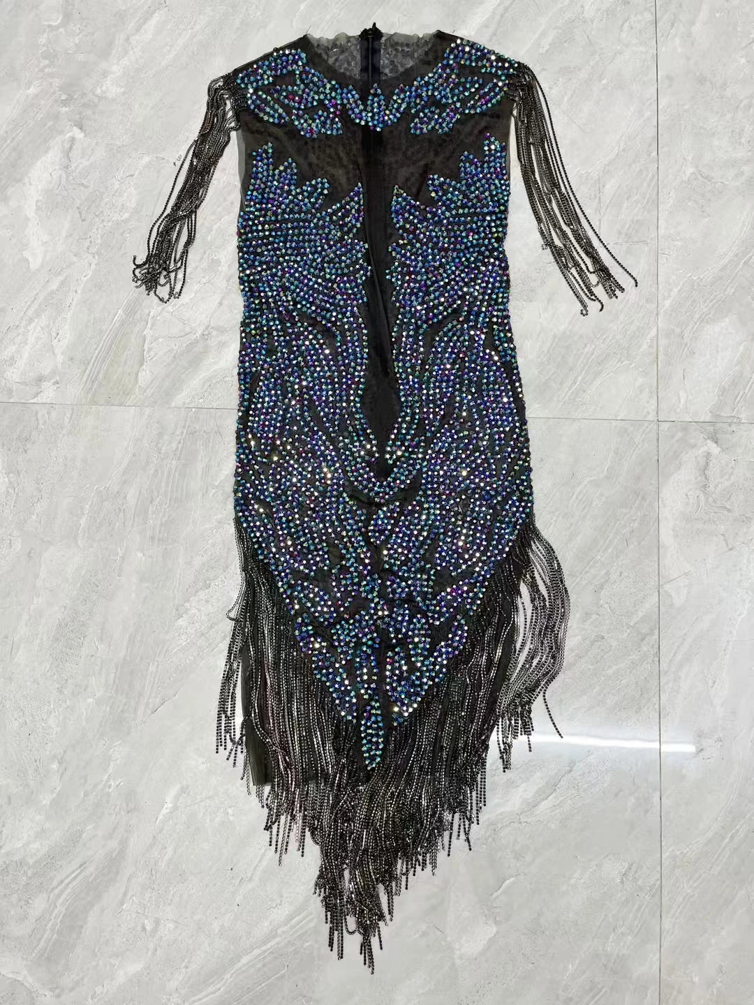 Elegant Women Luxury Dinners Evening Dress Sparkly Rhinestone Tassel Black Mesh Mini Dress Birthday Celebrate Party Dress Heichi