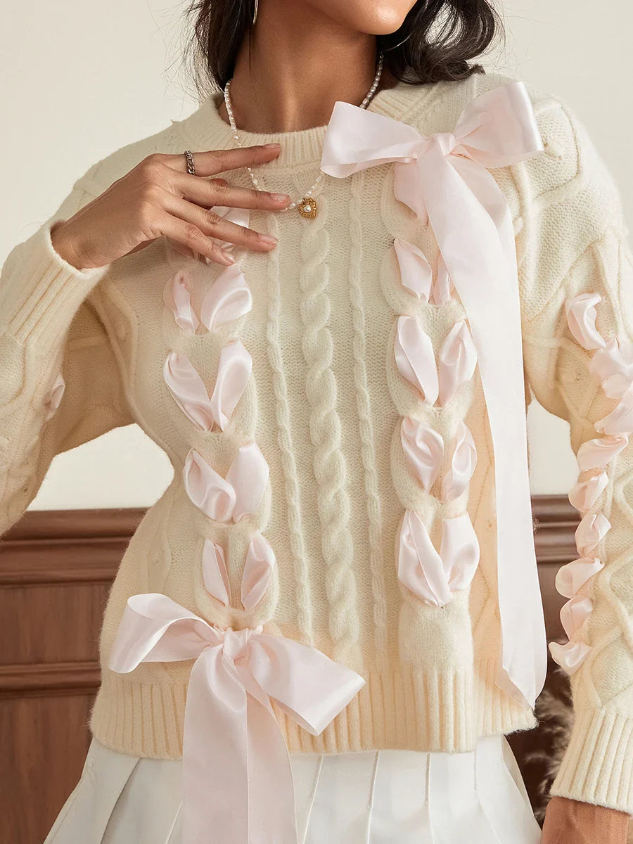 wsevypo Women's Ribbon Bowknot Knit Sweaters Cute Retro Long Sleeve Round Neck Cable Knit Pullover Tops for Fall Winter