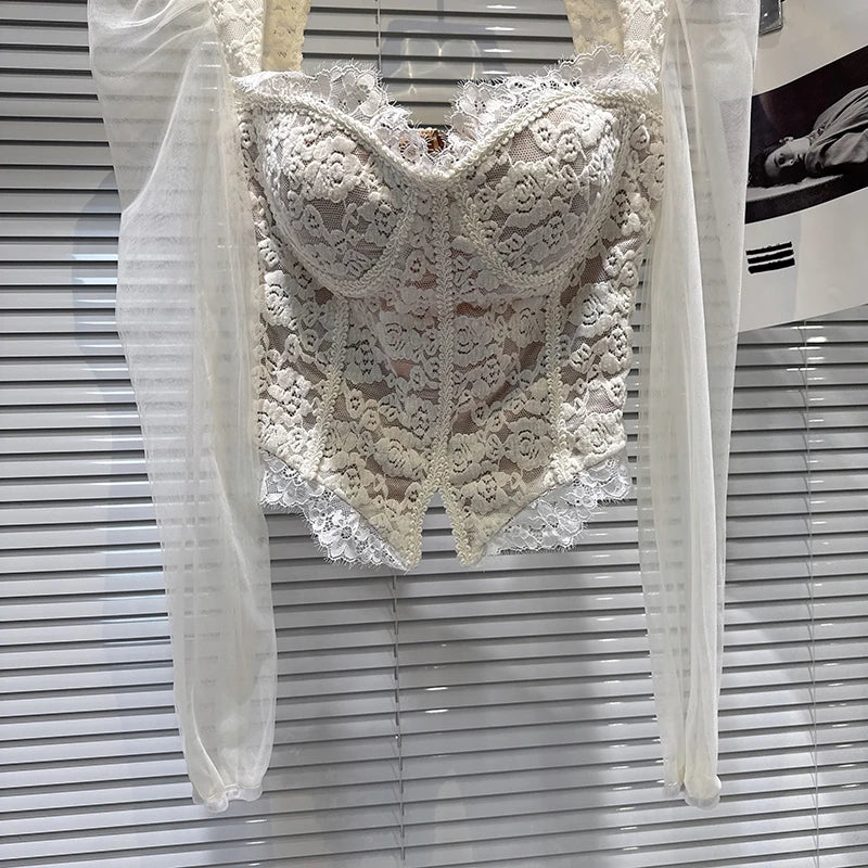 Winter New Fashion Square Neck Mesh Sleeve Fishbone Waist Slim Fit Lace Blouse For Women Backless Shirts 11A07517