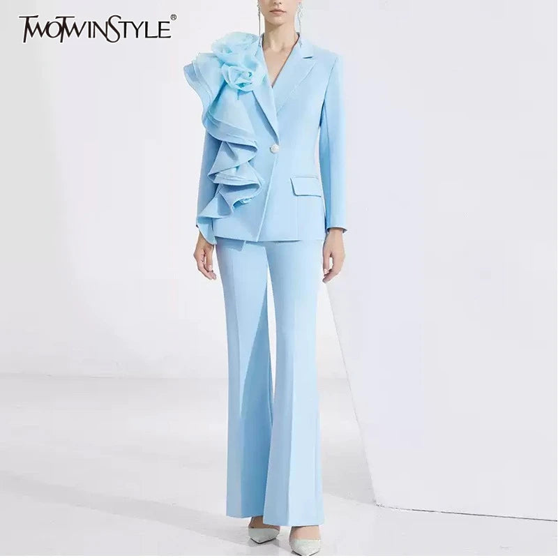 Solid Slimming Spliced AppliqueTwo Piece Set for Women Lapel Long Sleeves Patchwork Fold Top Pants Sets Female New