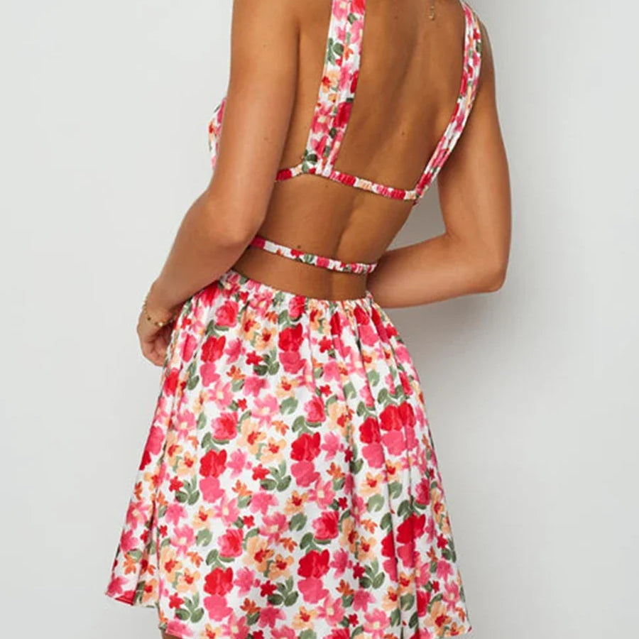 New Backless Sexy Women Mini Dress Sleeveless V Neck Backless Flower Print Summer Club Party Dress Sundress Streetwear S M L