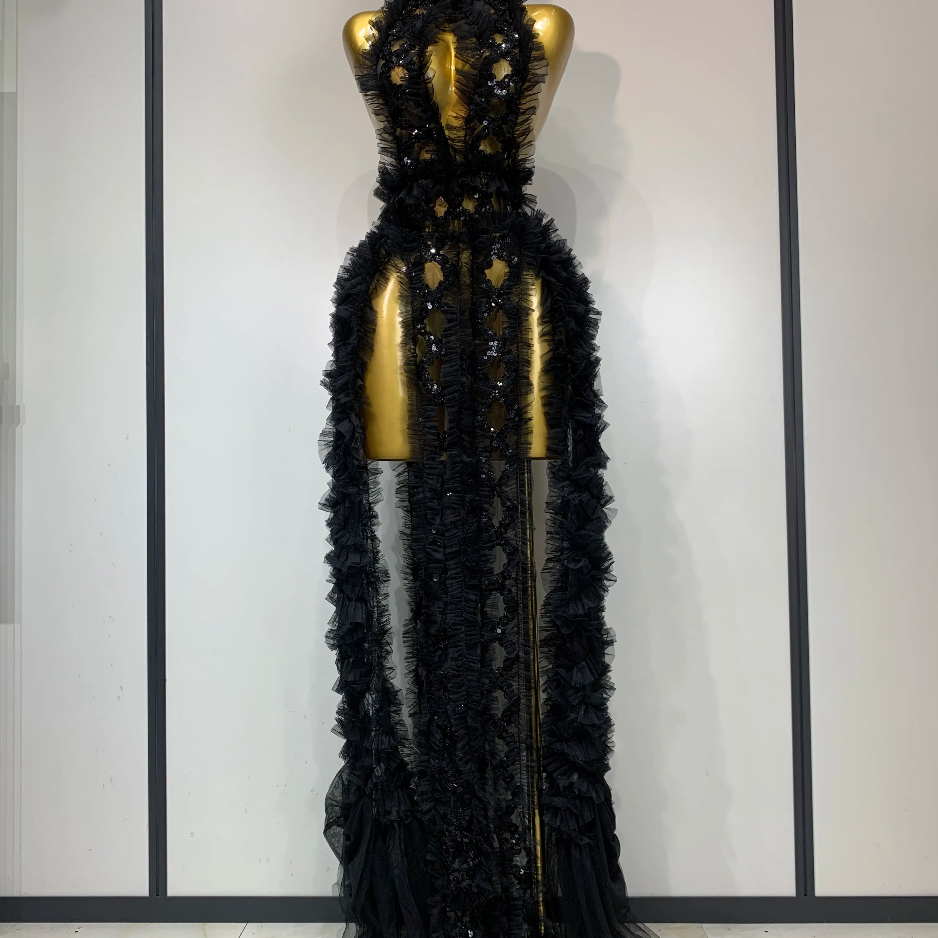 Mesh Sequins Sexy Backless Halter See Through Dress 2025 Birthday Evening Party Prom Nightclub Singer Stage Performance Costume black