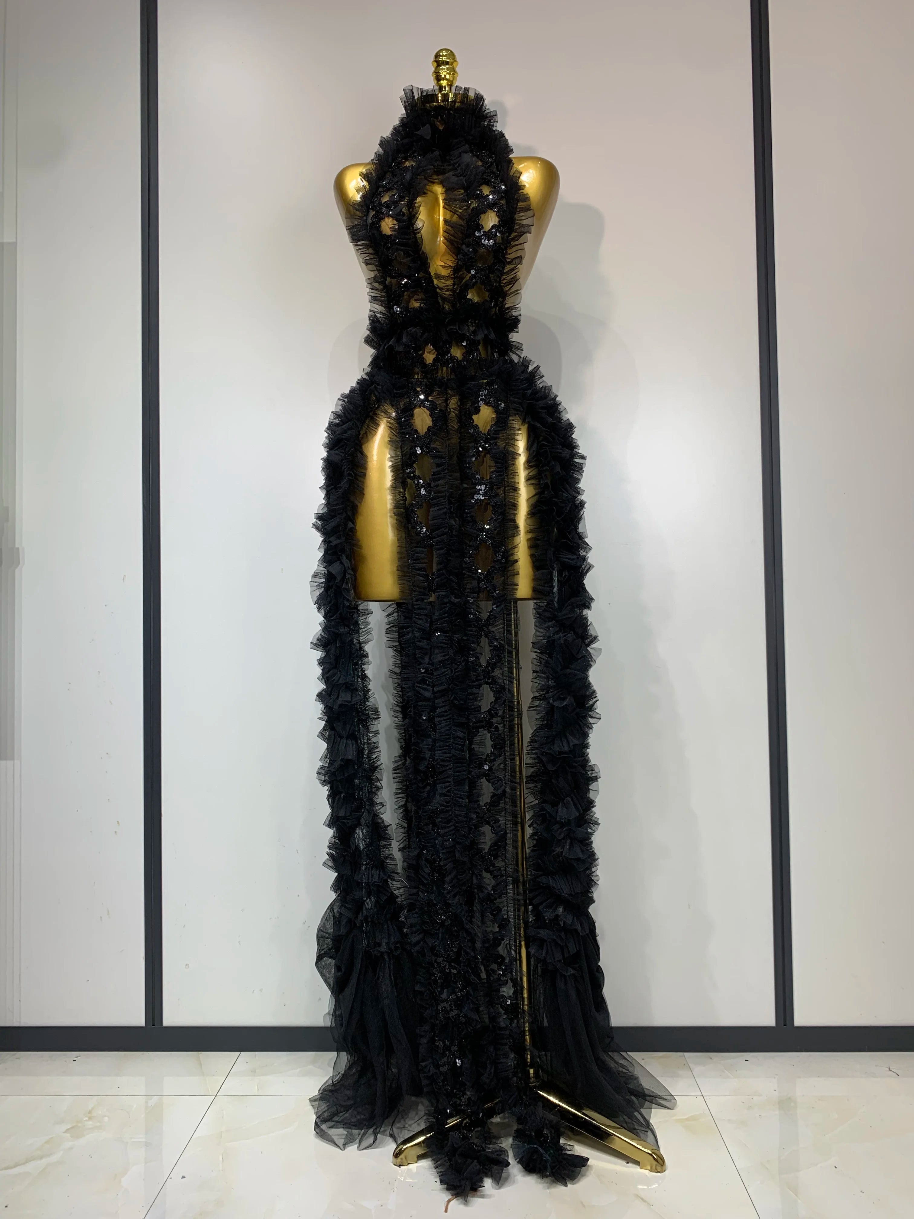 Mesh Sequins Sexy Backless Halter See Through Dress 2025 Birthday Evening Party Prom Nightclub Singer Stage Performance Costume black