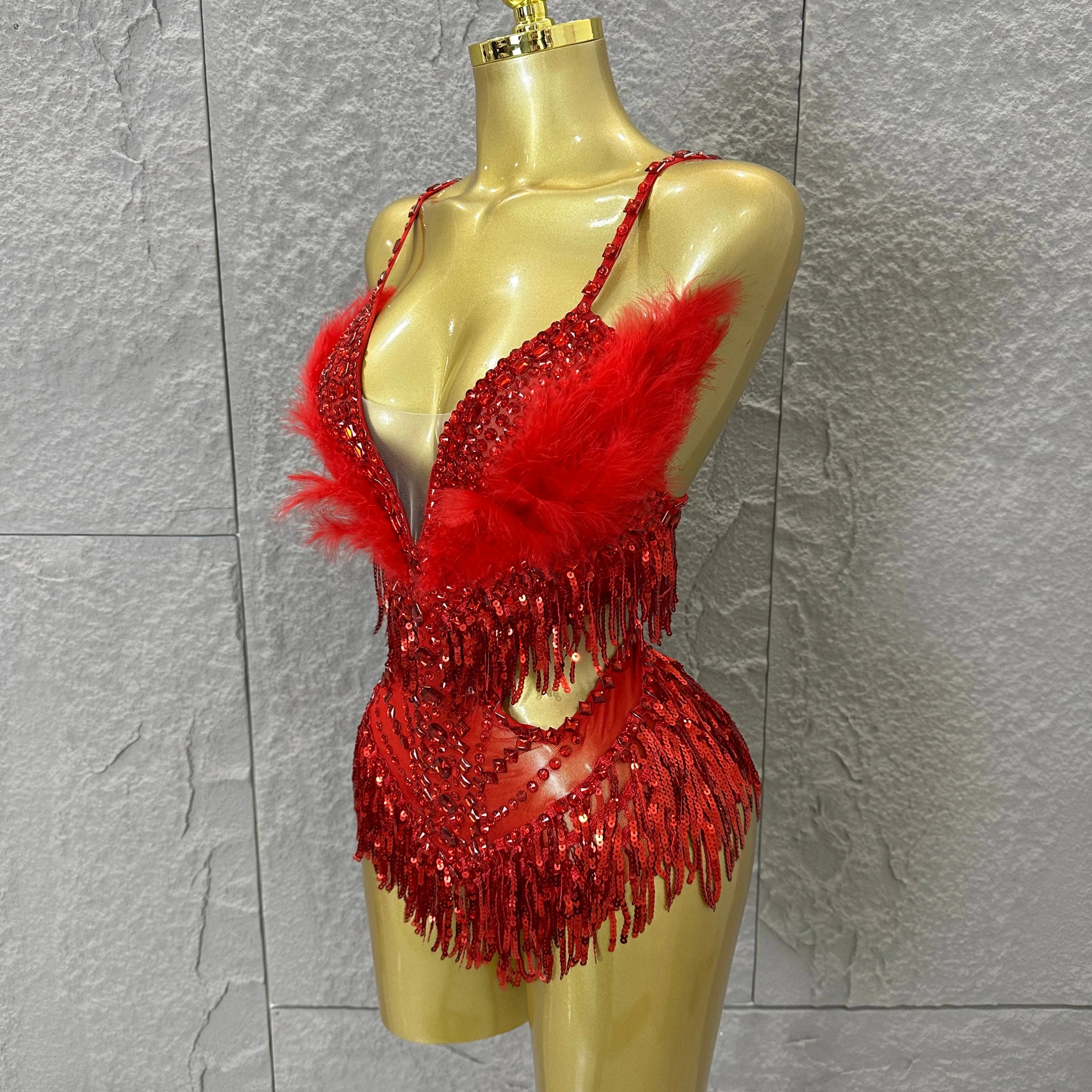Luxurious Sheer Mesh Bodysuit Women Sexy Crystal Embellished Feather Fringe Trim Spaghetti Strap Outfit Stage Performance Outfit