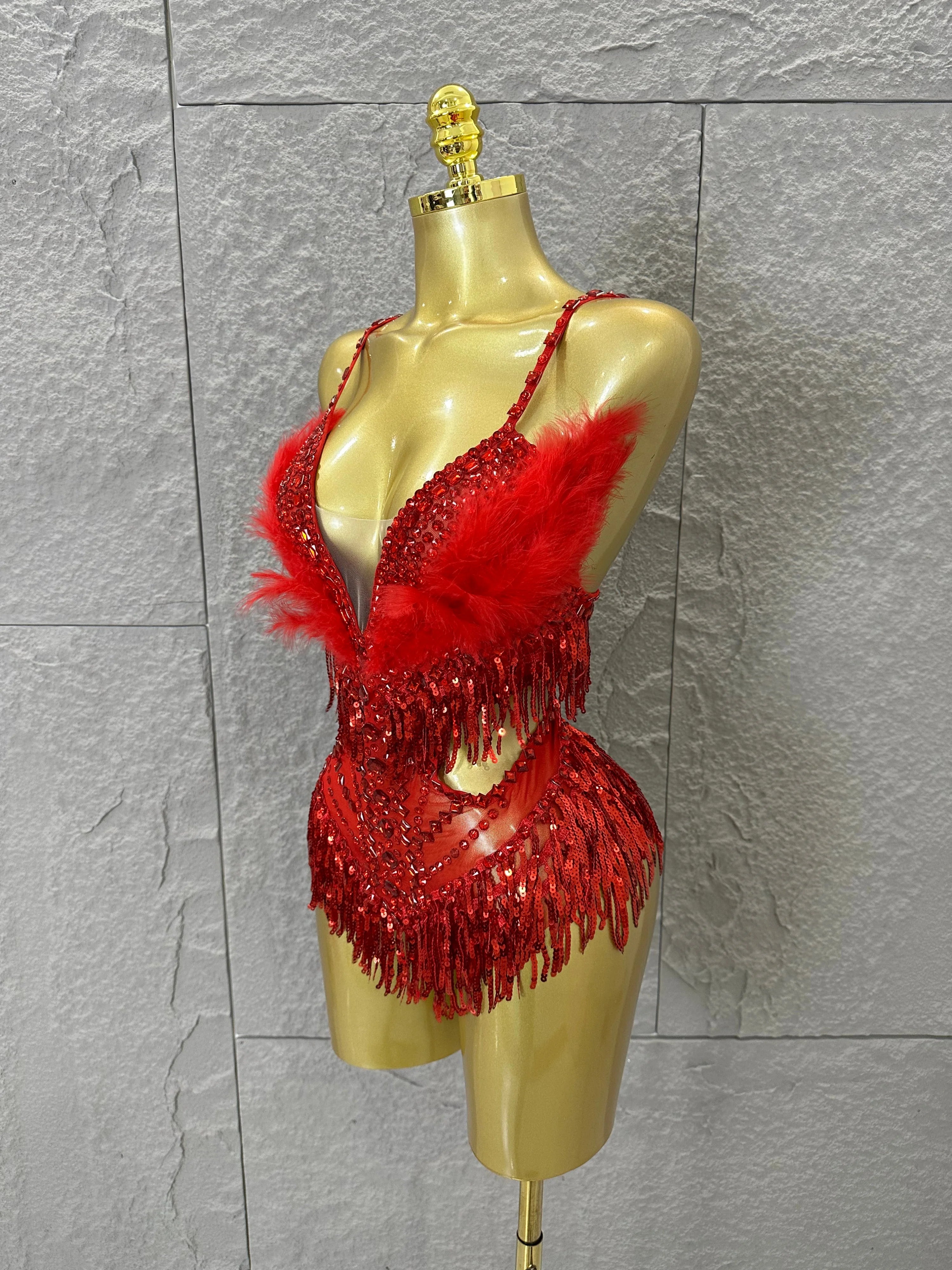 Luxurious Sheer Mesh Bodysuit Women Sexy Crystal Embellished Feather Fringe Trim Spaghetti Strap Outfit Stage Performance Outfit
