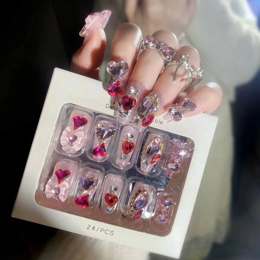 24pcs Love Crystal Decor Press on Nails Pink Bow Design Fake Nail Tips Bride Wedding Wearable Shiny Coffin Head Fake Nails 1