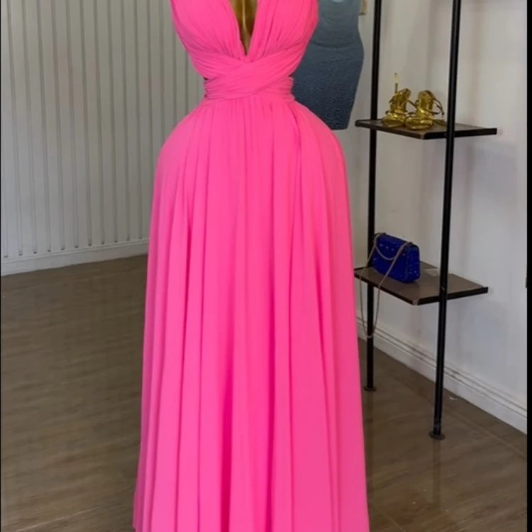 CM.YAYA Women Sleeveless Cutout Back Wrap V-neck Pleated A-line Chiffon Maxi Long Dress Birthday Vacation Sexy Party Dresses