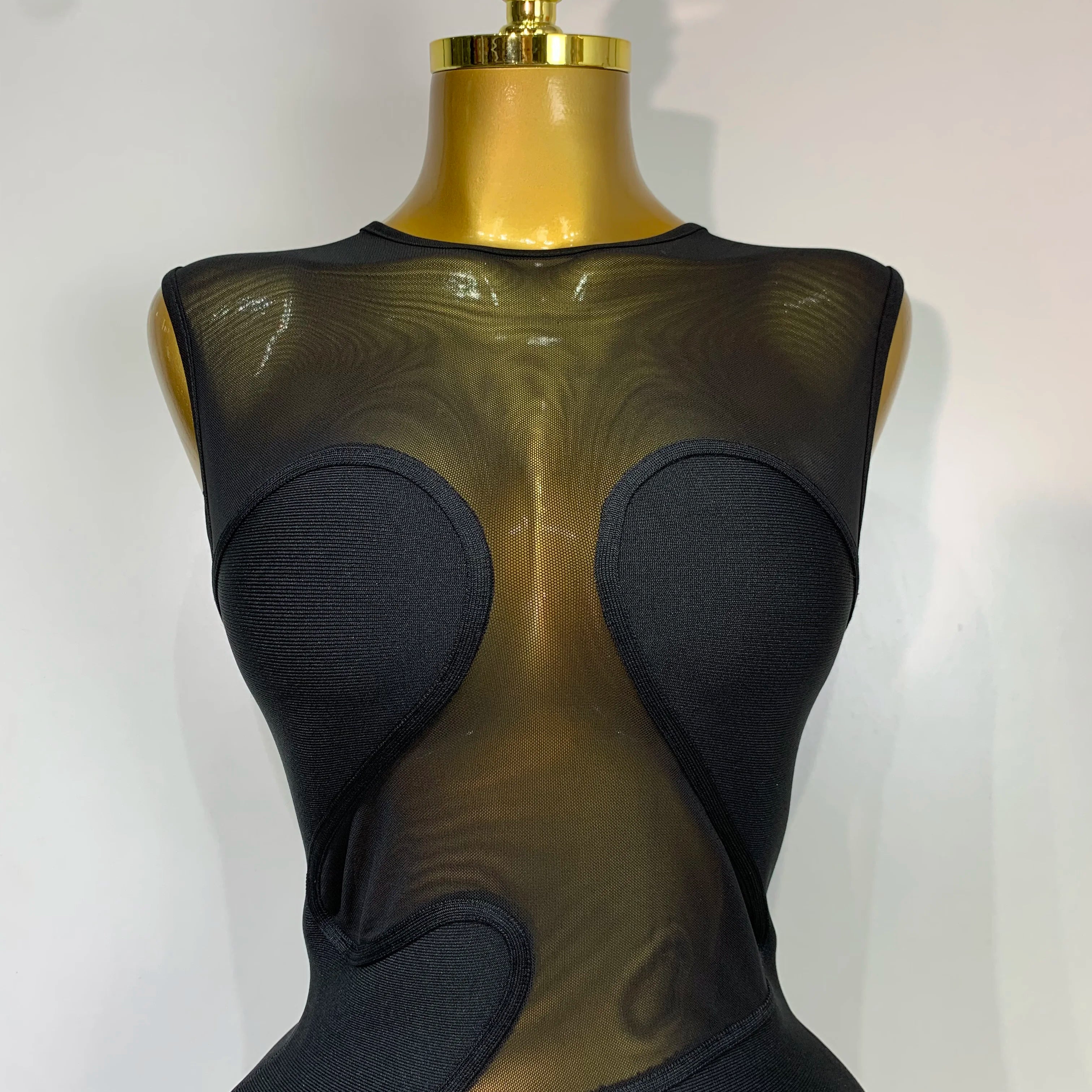 Women Sexy Mesh Patchwork Bandage Round Neck Sleeveless Bandage Dress Celebrity Elegant Evening Party Dress Club Wedding Gown