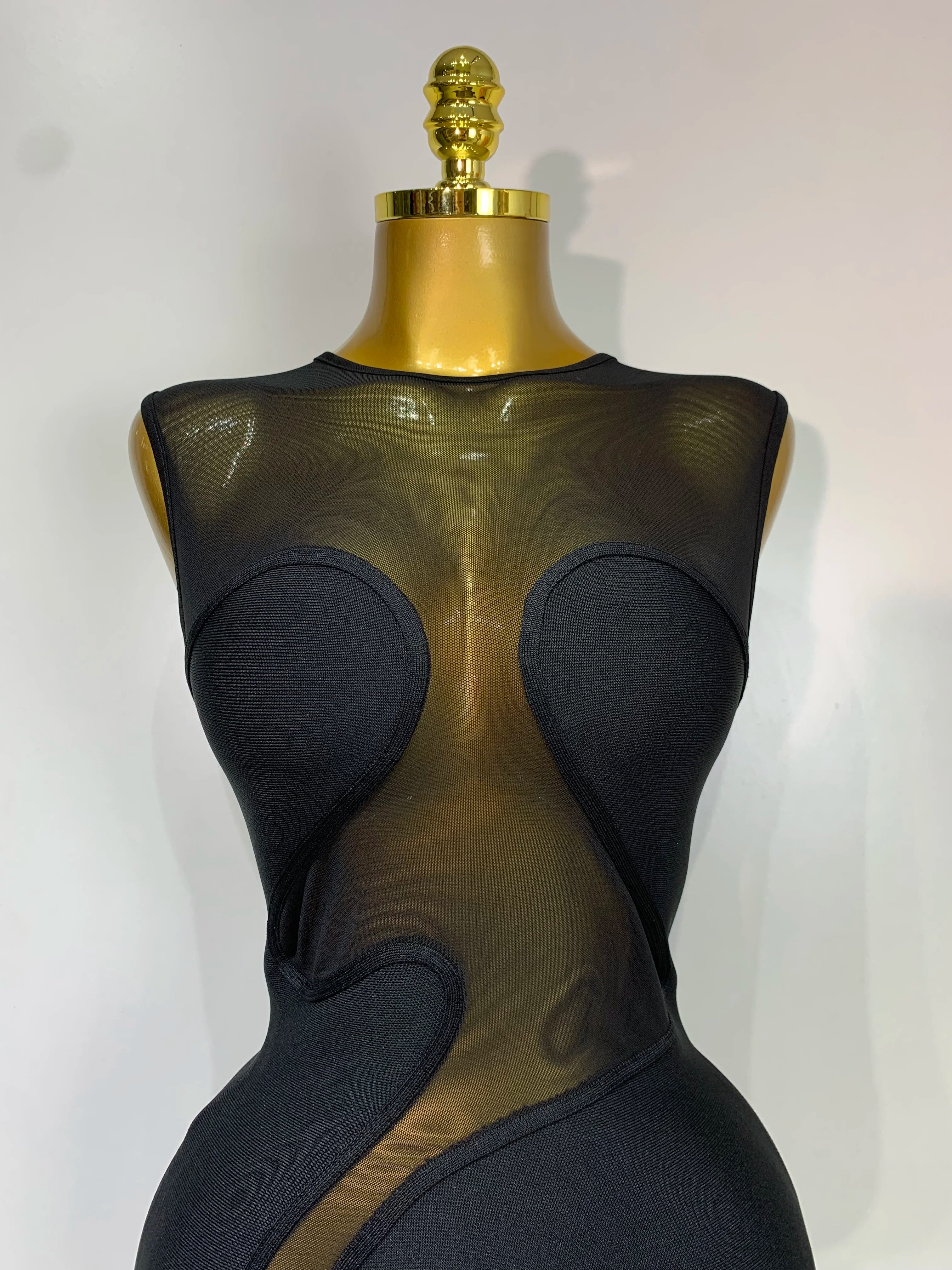 Women Sexy Mesh Patchwork Bandage Round Neck Sleeveless Bandage Dress Celebrity Elegant Evening Party Dress Club Wedding Gown