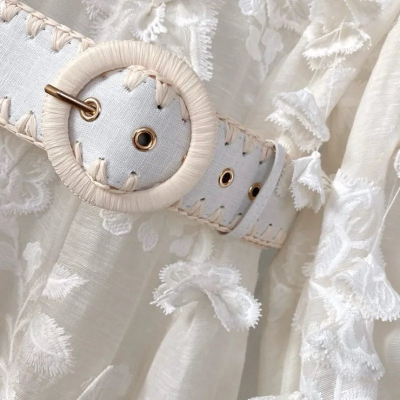 Women Dresses Party Holiday Luxury Top Qaulity 3-piece White O-neck Half Sleeve A-line Long Dress with Belt Australian Designer