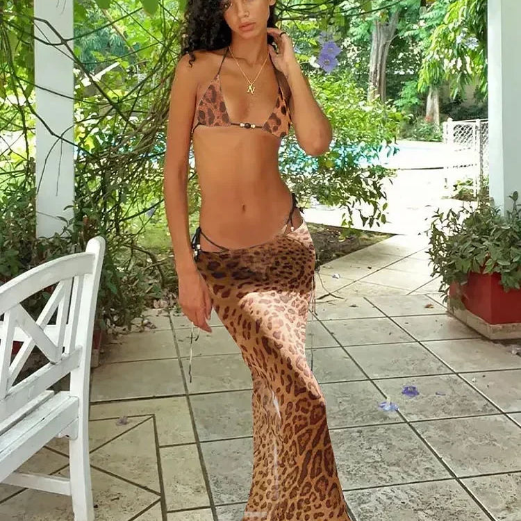 EDOLYNSA Sexy Zebra Stripes 3 Pieces Bikini Set Summer Beach Wear Triangle Bikinis Swimsuit Skirt Swimwear Cover-up A1554 Chocolate