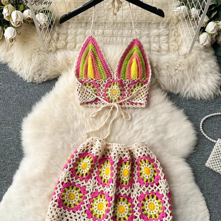 SINGREINY Summer Hollow Out Beach Suits Women Strap Halter Sexy Top+Mini Shorts Fashion Floral Knitted Bohemian Two Pieces Sets
