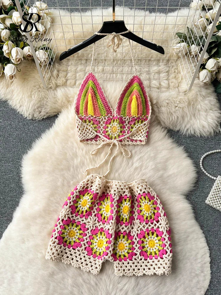 SINGREINY Summer Hollow Out Beach Suits Women Strap Halter Sexy Top+Mini Shorts Fashion Floral Knitted Bohemian Two Pieces Sets