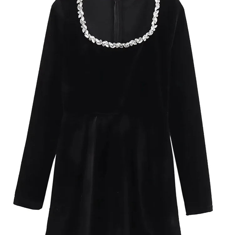 Vintage Casual Chic Rivet Women Black Dress Slash Neck Zipper Velvet Mini Dress Fashion 2024 Autumn Evening Party Female Dresses