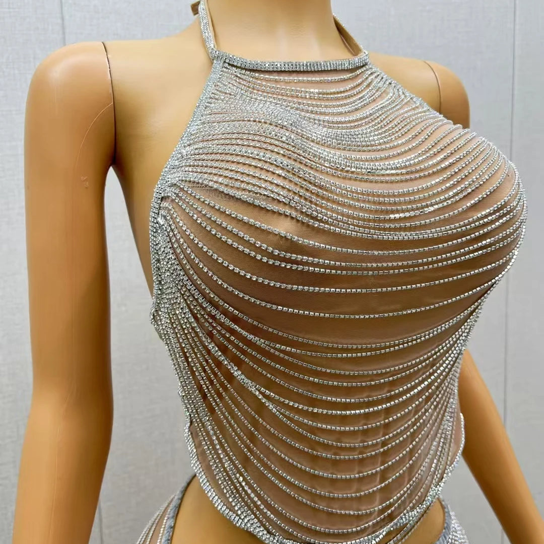 Sparkly Silver Rhinestone Crystals Crop Tops Long Pants 2Pieces Set Nightclub Event Party Stage Show High-quality Outfit Dudou