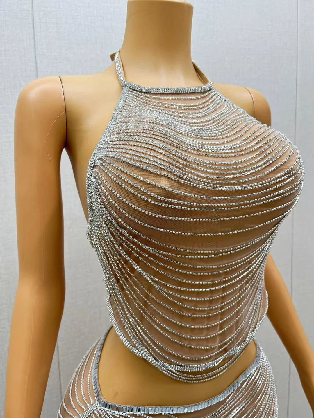 Sparkly Silver Rhinestone Crystals Crop Tops Long Pants 2Pieces Set Nightclub Event Party Stage Show High-quality Outfit Dudou