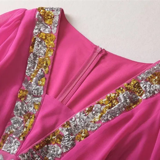 Solid Sheer Spliced Sequin Dresses for Women Square Neck Half Sleeves Patchwork Folds Elegant Dress Female Clothing