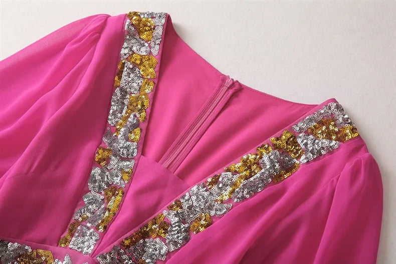 Solid Sheer Spliced Sequin Dresses for Women Square Neck Half Sleeves Patchwork Folds Elegant Dress Female Clothing