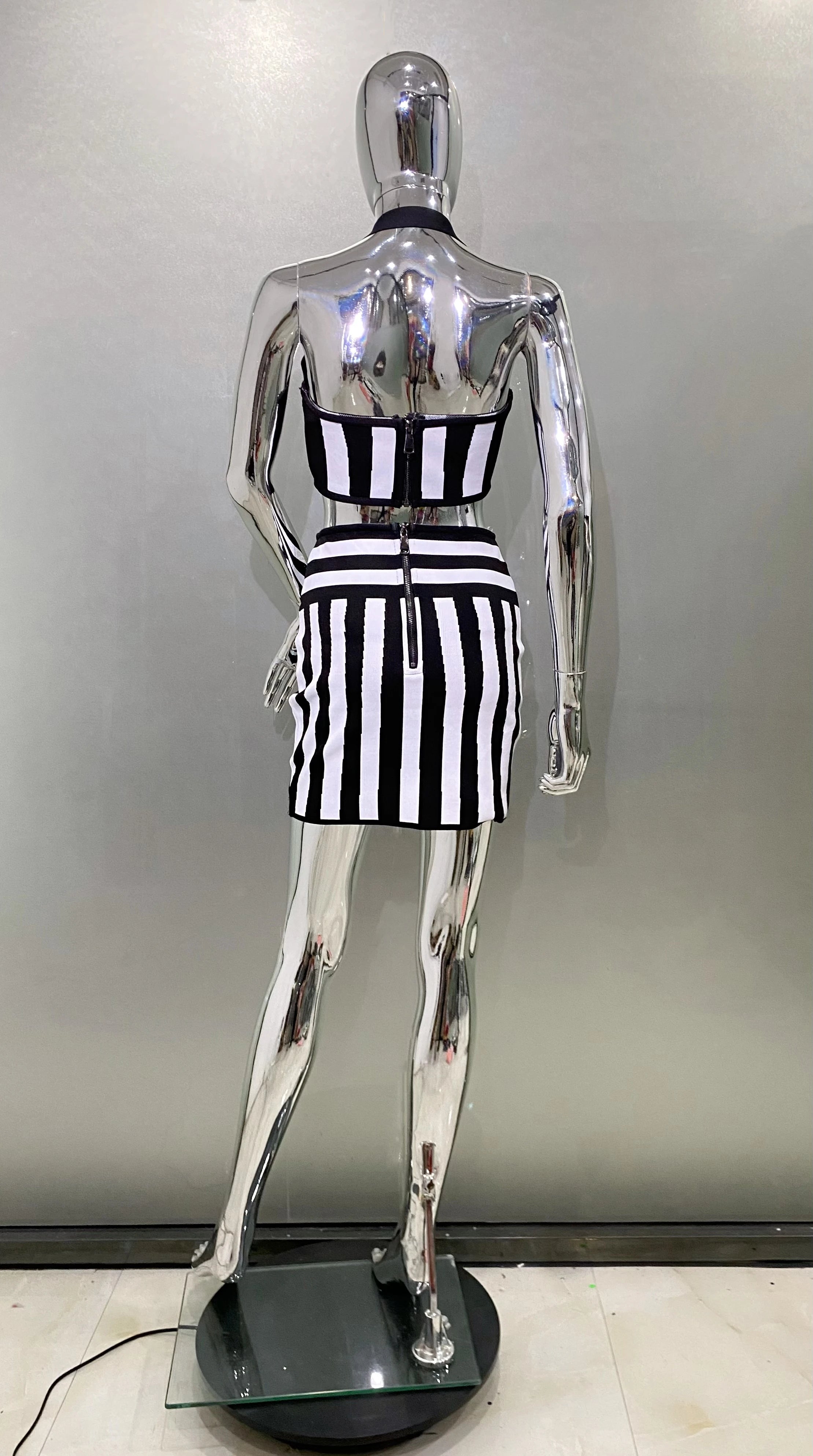 Women Sexy Halter Off the Shoulder 2 Pieces Bodycon Mini Bandage Dress Striped Nightclub Party Celebrate Birthday Dress