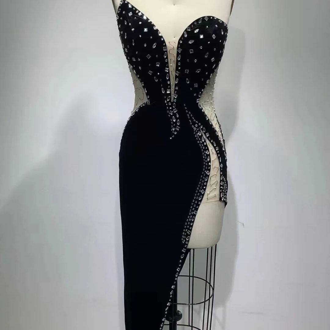 High Celebrity Black Strapless Crystal Long Bodycon Velvet Dress Elegant Evening Party Dress Vestidos black
