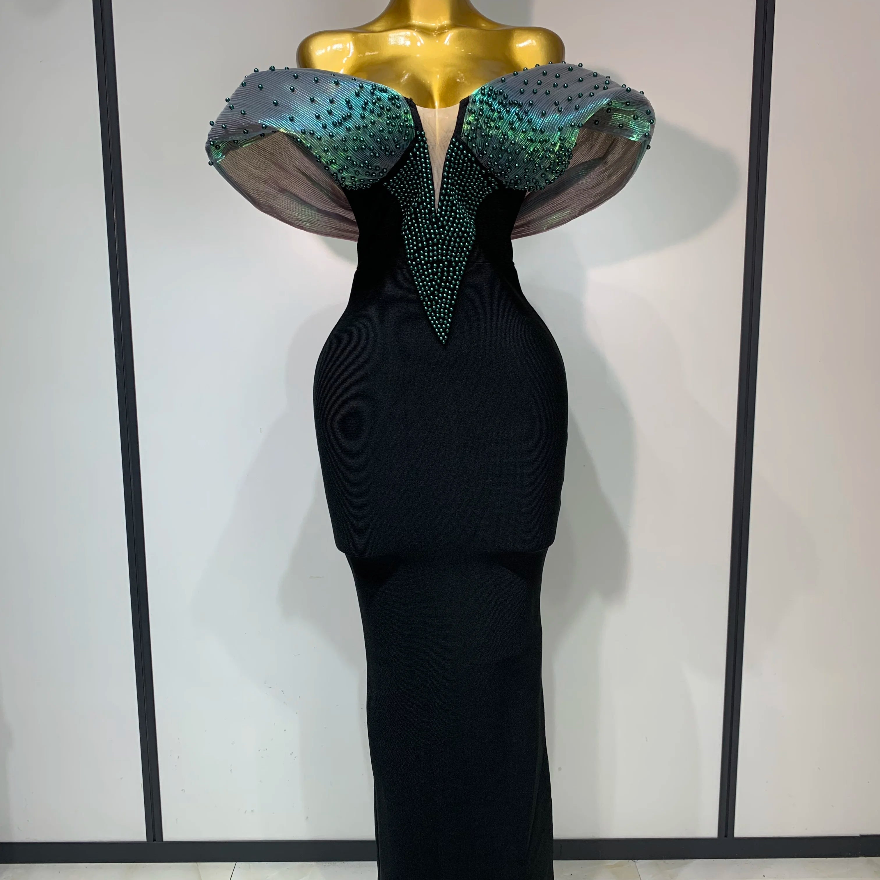Women Celebrity Sexy Off Shoulder Beading Bodycon Maxi Long Bandage Dress 2025 Elegant Evening Club Party Luxury Birthday Outfit black