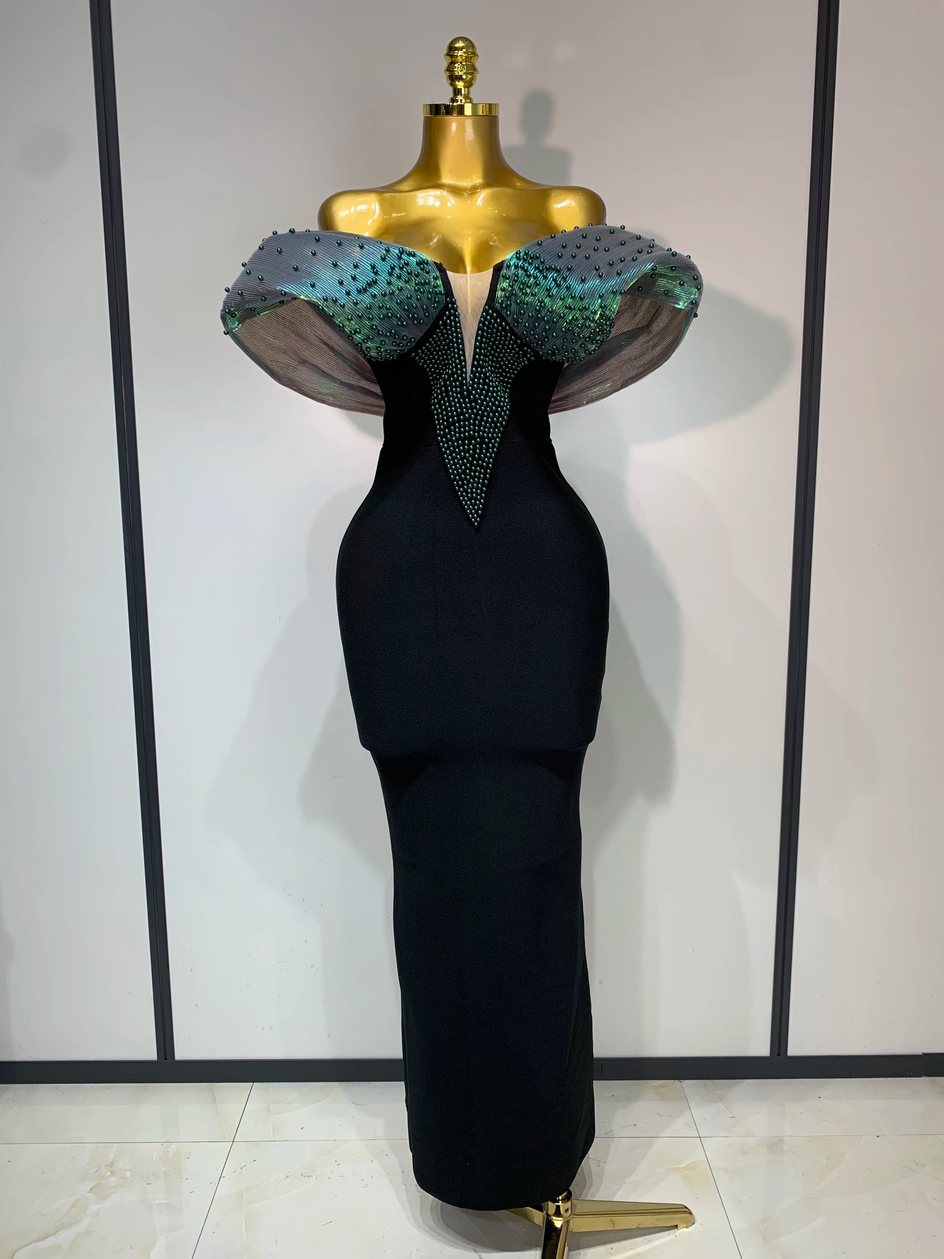 Women Celebrity Sexy Off Shoulder Beading Bodycon Maxi Long Bandage Dress 2025 Elegant Evening Club Party Luxury Birthday Outfit black