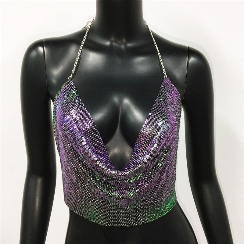 Women 2024 Sexy Metal Sequined Tank Camis Summer Gold Silver Backless Cropped Glitter Beach Club Show Wear Tank Tops multicolor 25 cm One Size